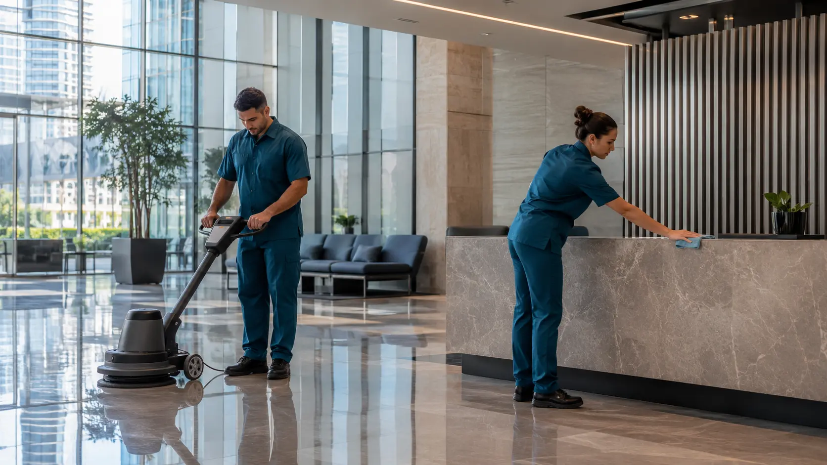 Squadra di pulizia professionale al lavoro